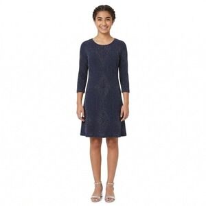 Trixxi Juniors‎ Navy Blue Metallic Shimmer Ribbed 3/4 Sleeve A-Line Dress Large